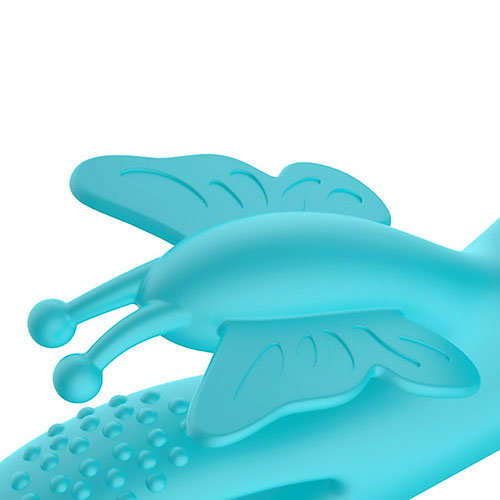 Adam & Eve Butterfly Embrace blue rabbit vibrator with curved shaft and butterfly clitoral stimulator